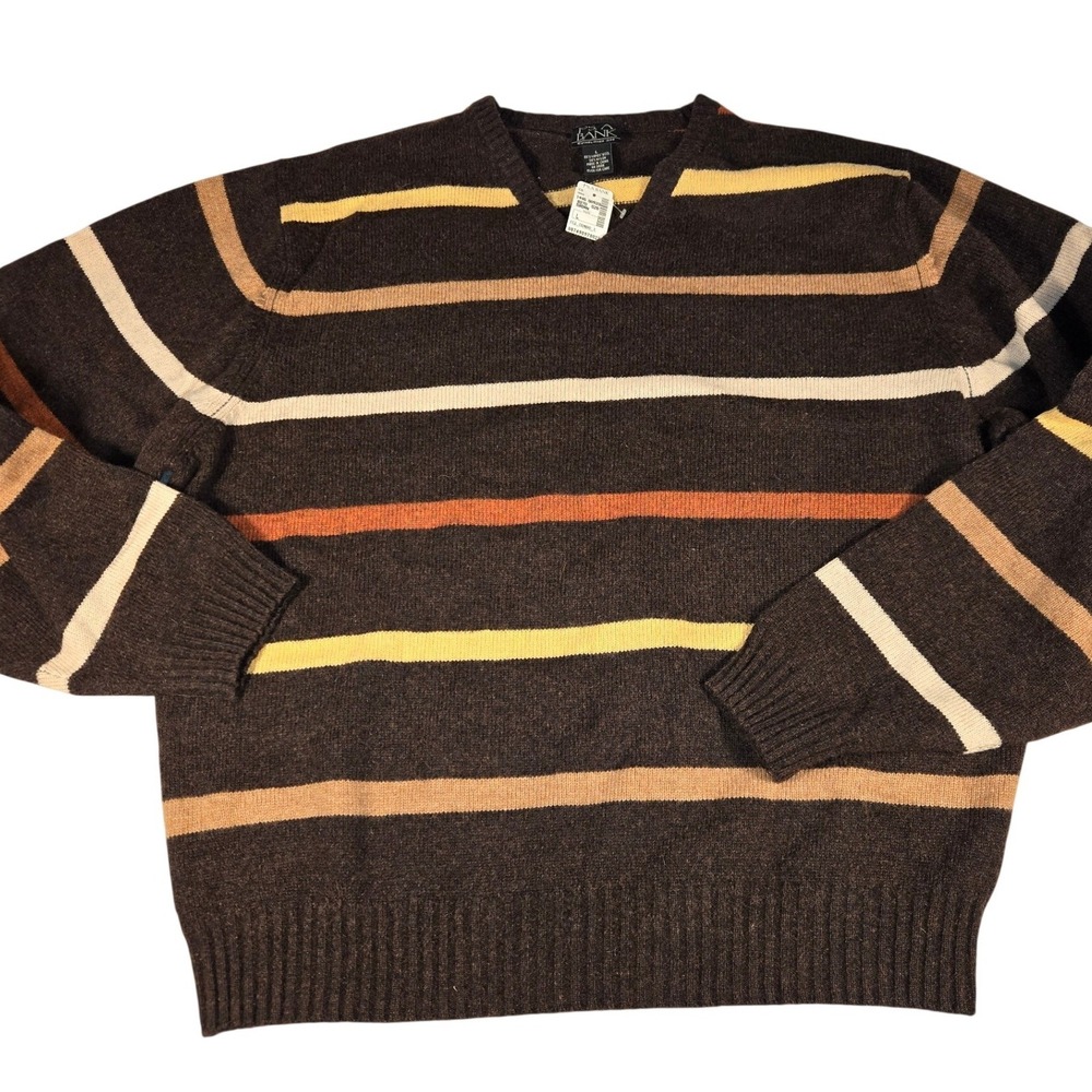 Jos A Bank Mens Large Lambswool Blend V-Neck Striped Sweater Brown Multi 8070